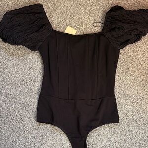 Elegant Black Puff Sleeve Bodysuit